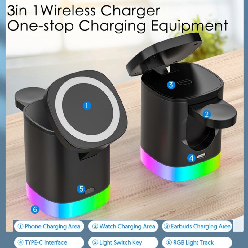 Diagram of the LUME Halo's charging zones for phone, watch and earbuds, Type-C input, light switch and RGB light track